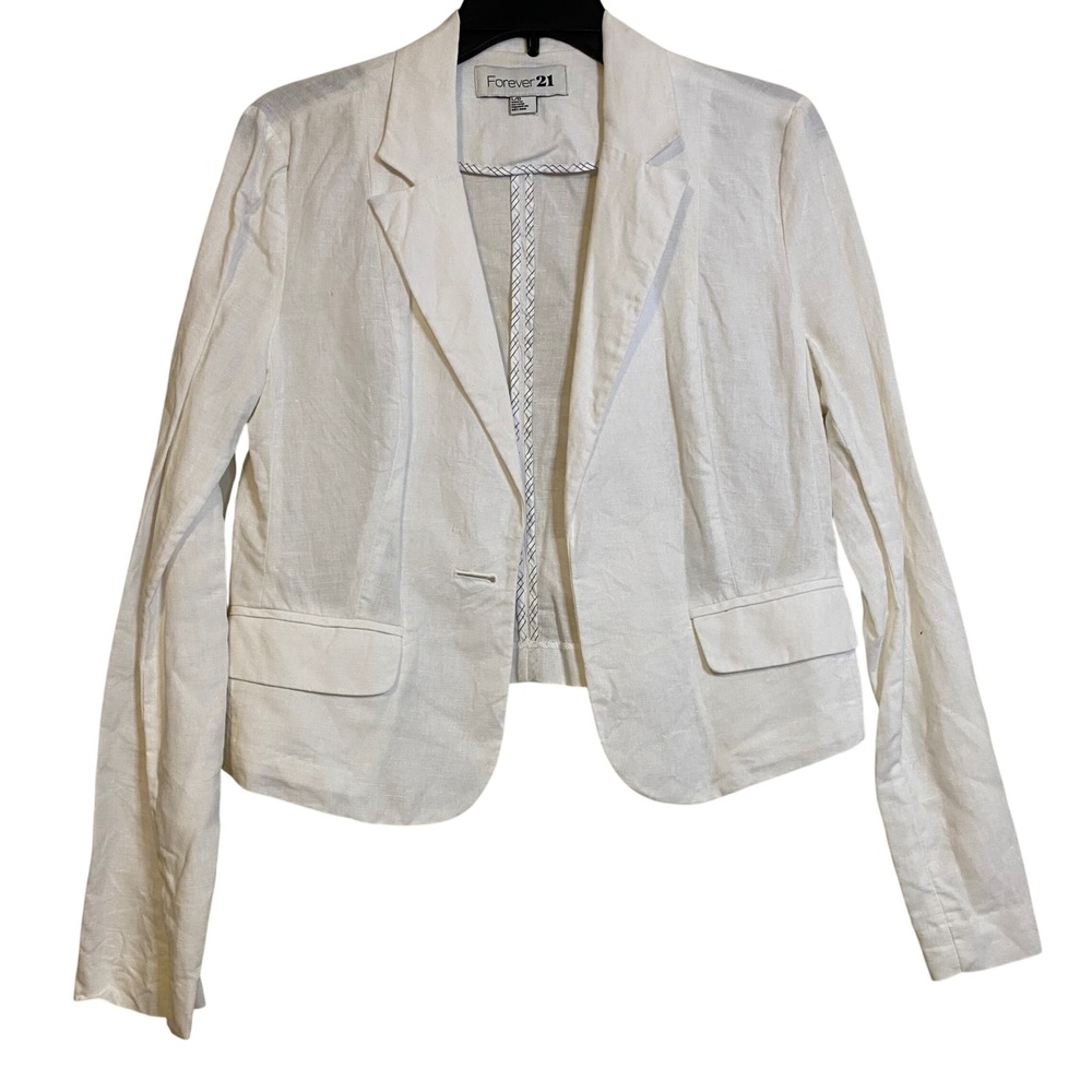 Forever 21 Womens White Linen Blend Single Button Blazer Jacket Size Large